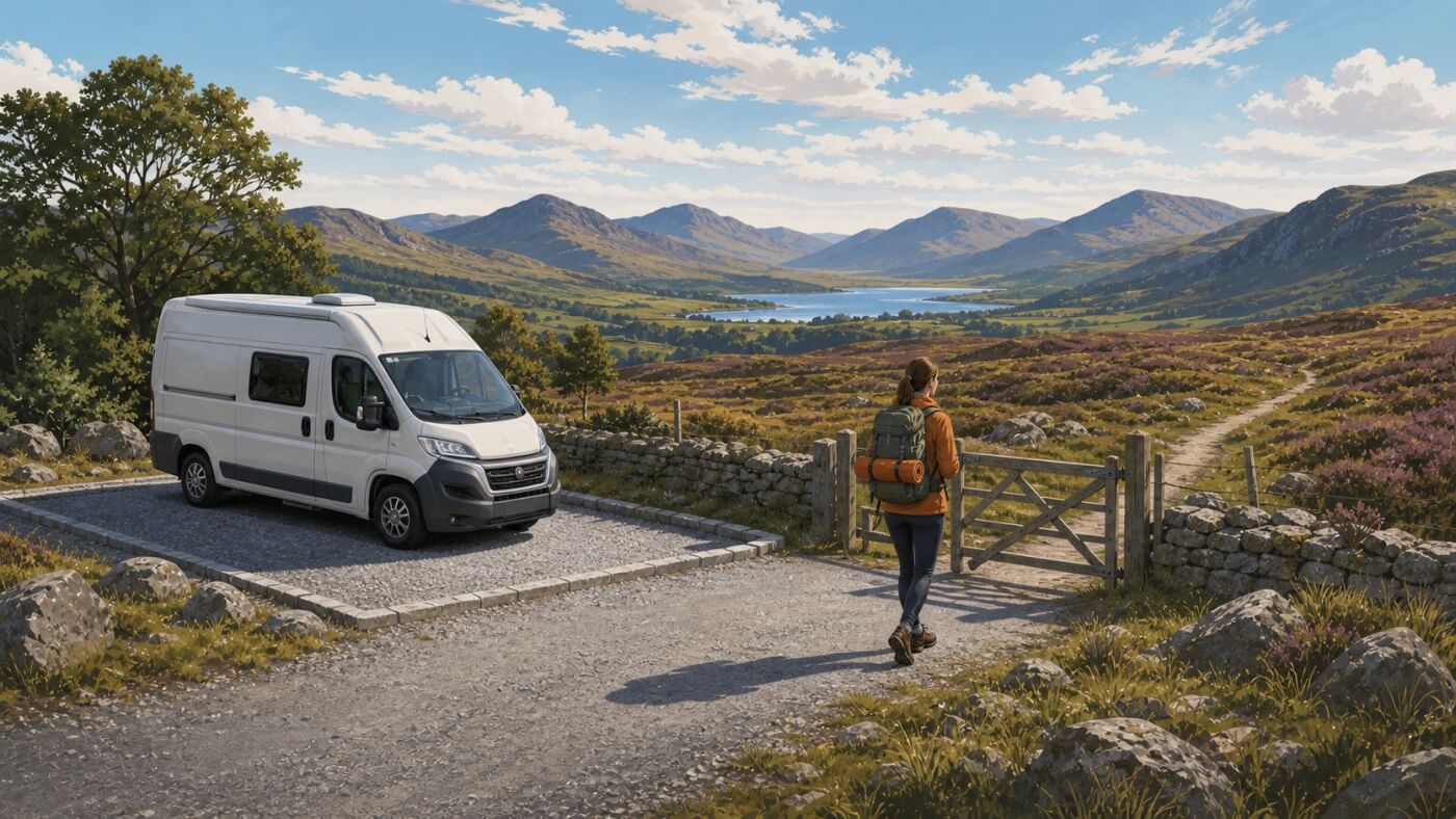 Viaggiatrice con zaino lascia il camper parcheggiato per entrare a piedi nella brughiera scozzese.