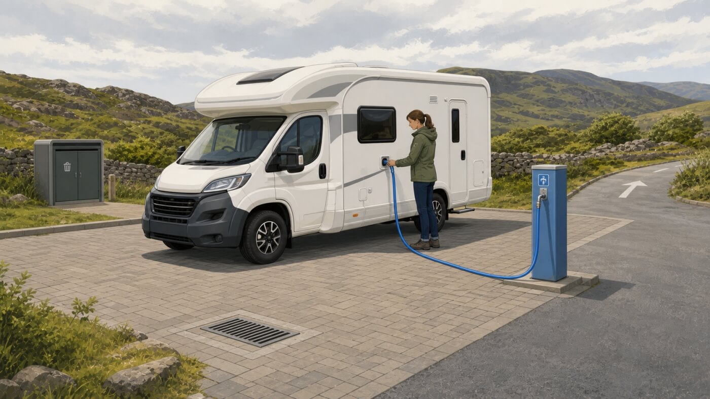 Viaggiatrice rifornisce d’acqua il camper in un camper service scozzese con scarichi separati.