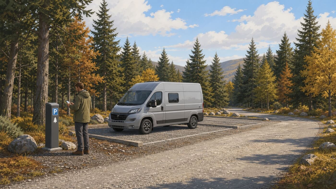 Viaggiatore registra una sosta accanto al camper in un parcheggio forestale scozzese.