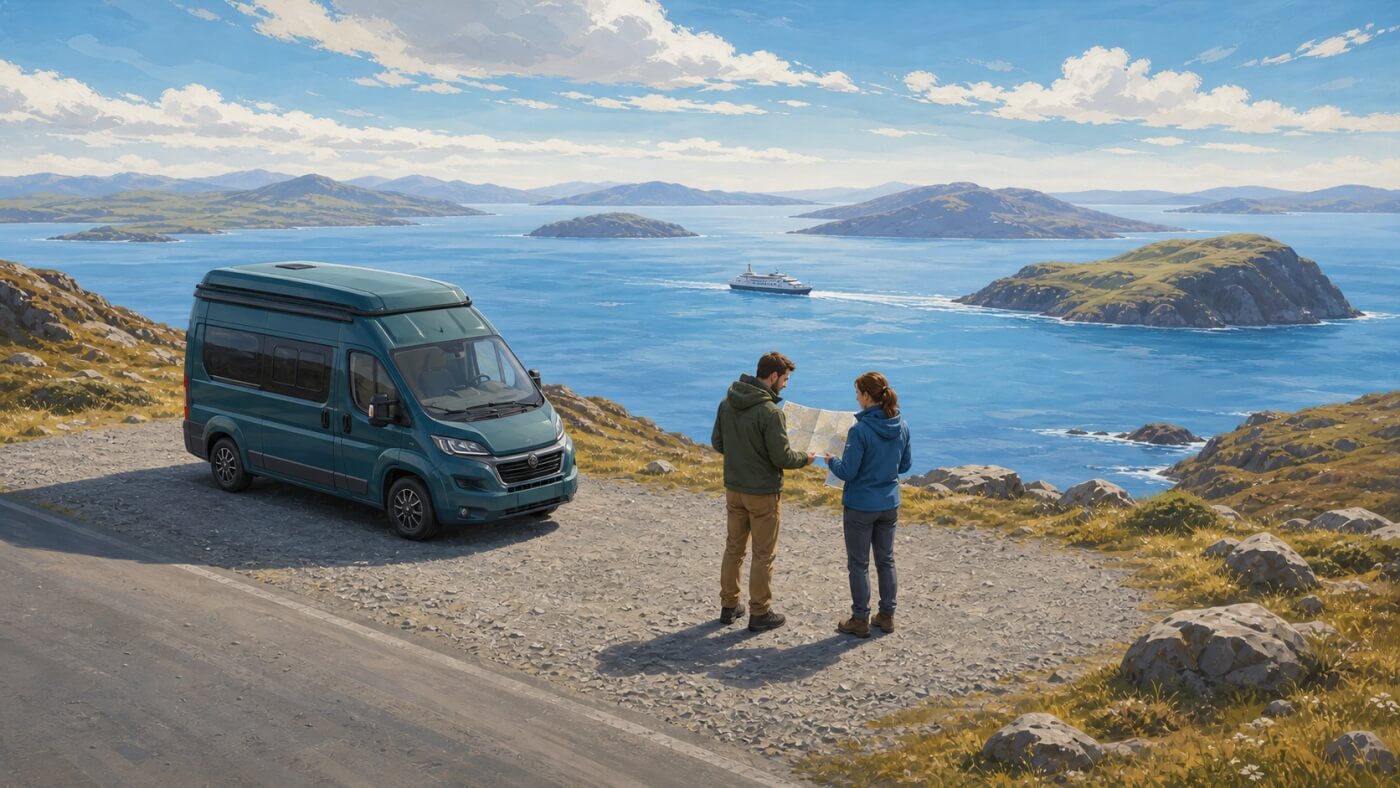Due viaggiatori confrontano una mappa accanto al camper davanti a diverse isole scozzesi.