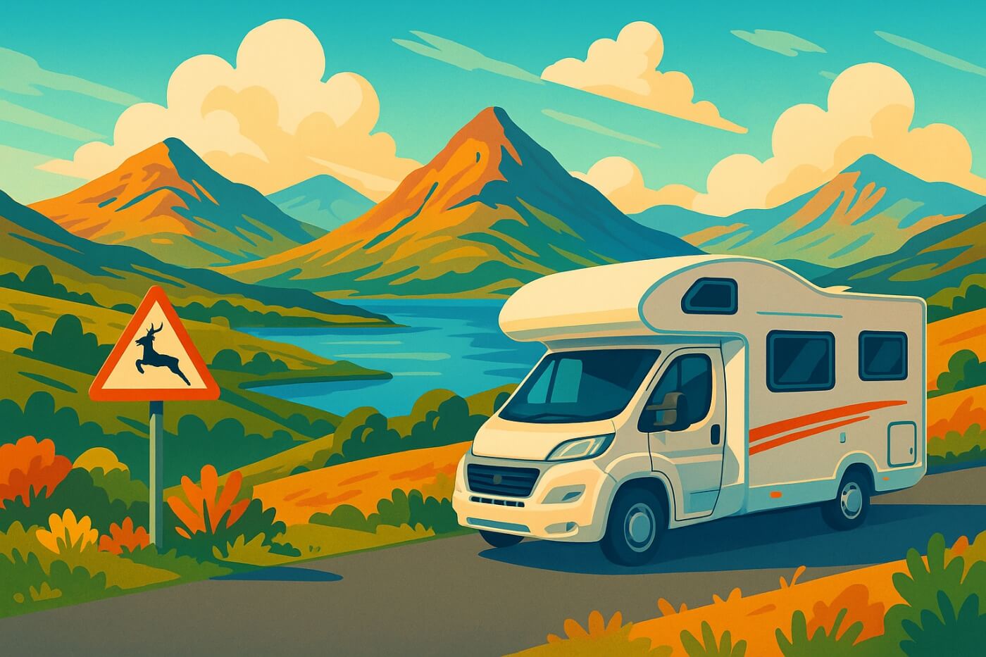 Camper nelle Highlands scozzesi con segnale di attraversamento cervi.