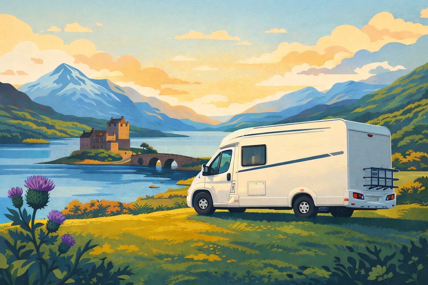 Camper in Scozia davanti al castello di Eilean Donan, nelle Highlands.