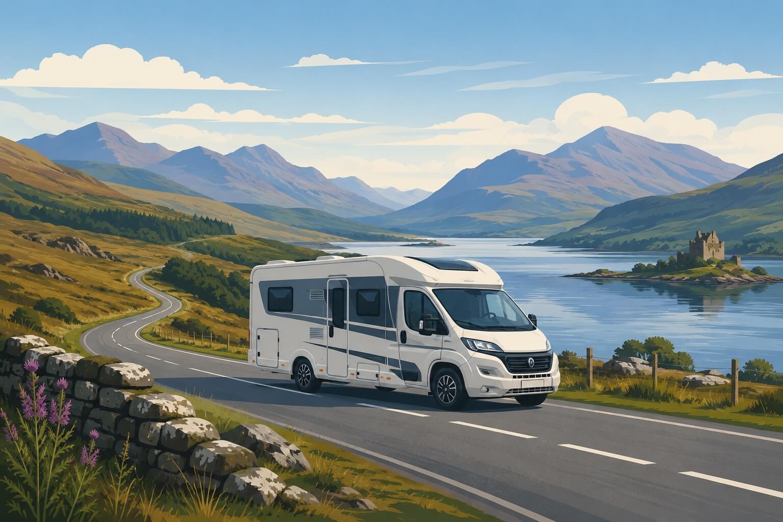 Camper in viaggio su una strada panoramica tra montagne, lago e castello in Scozia.