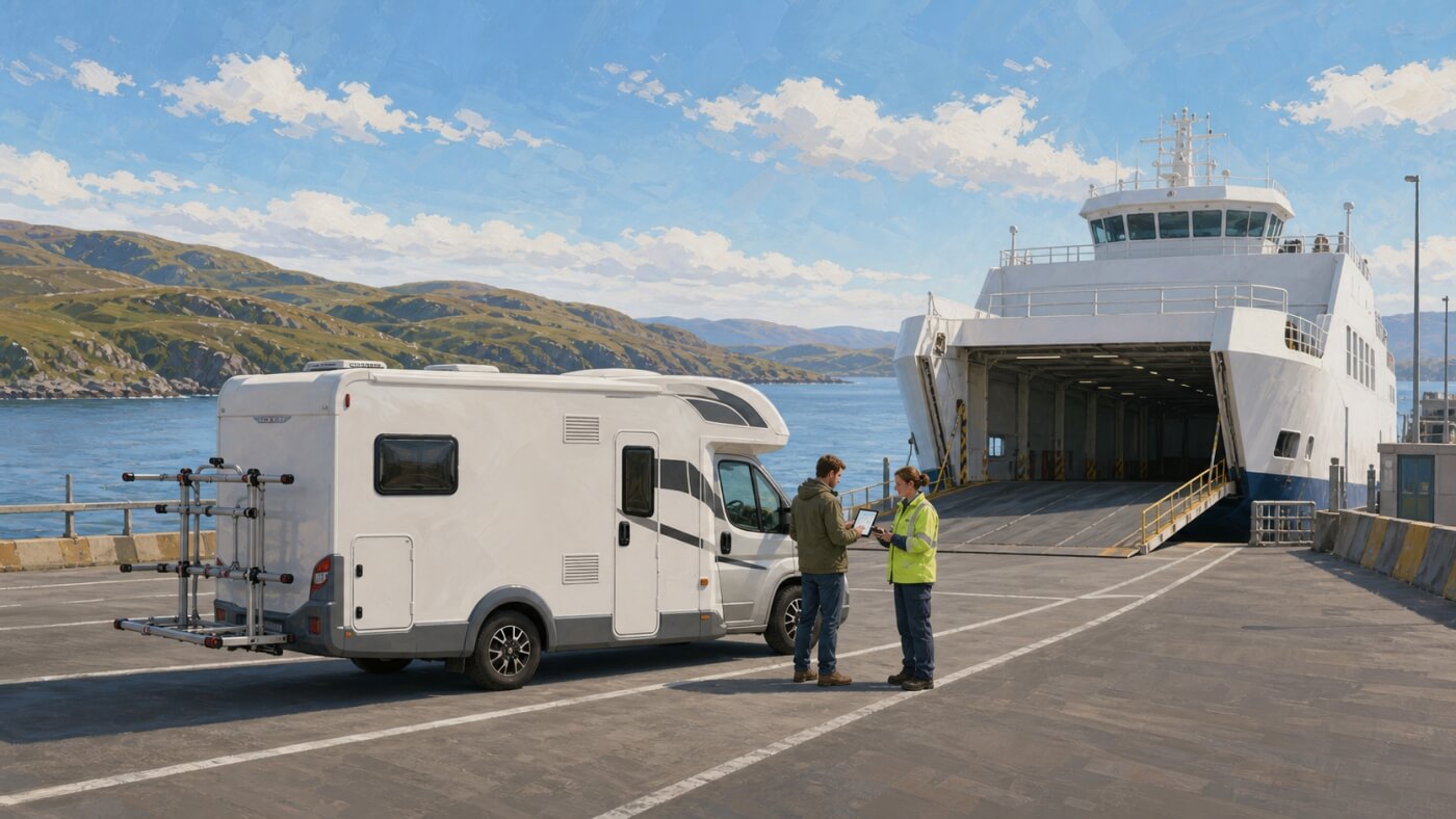 Viaggiatore e addetta controllano il camper al terminal traghetti scozzese prima dell'imbarco.