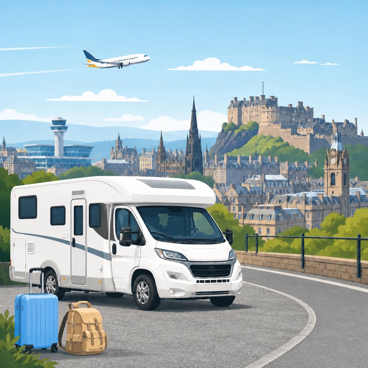 Camper con bagagli davanti allo skyline di Edimburgo e un aereo in arrivo.