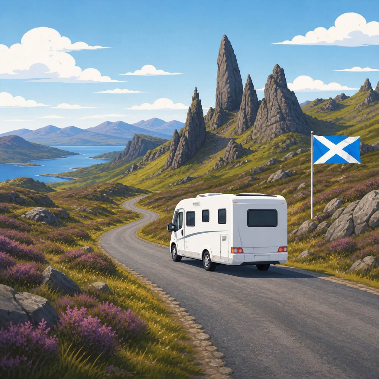 Camper sulla strada dell’isola di Skye davanti all’Old Man of Storr.